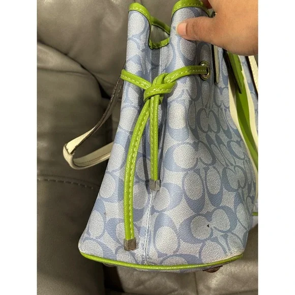 Coach Signature Monogram Tote Bag Blue Green White Leather Trim 15" by 11" - Picture 8 of 11